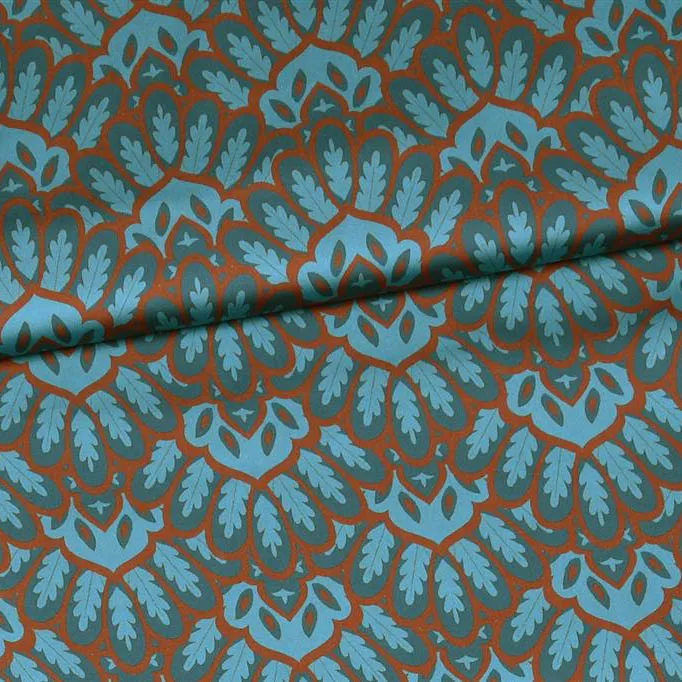 Polyester satijn turquoise met retromotief met bruine omlijning